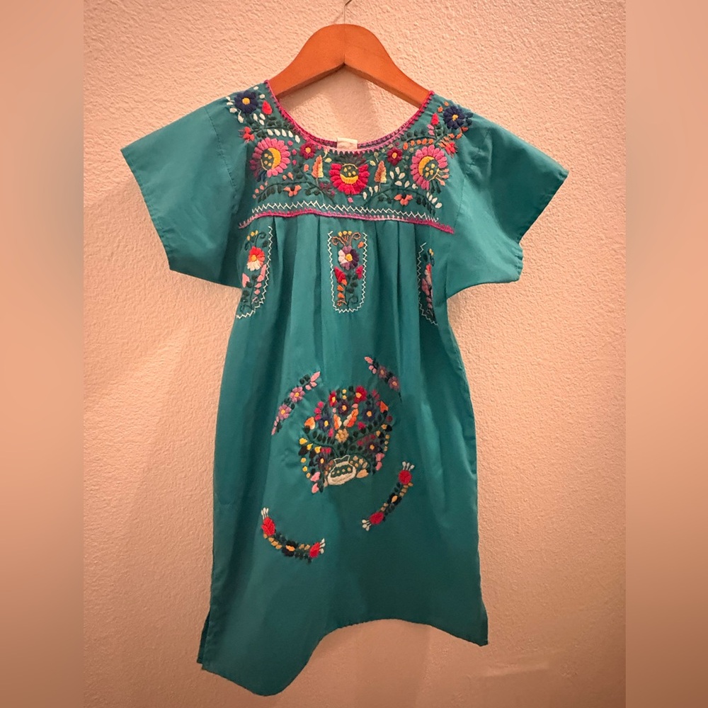 Embroidered Mexican Teal Kids Dress